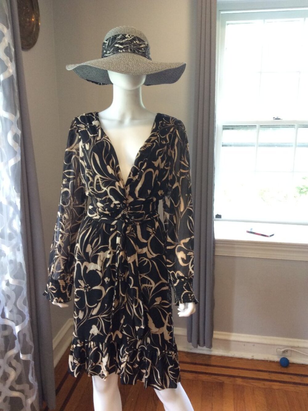 DKNY Black Beige Floral Wrap Dress Long Sleeve Ruffle Hem Dress